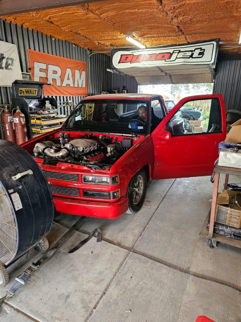 Red OBS Chevy on the Dynojet