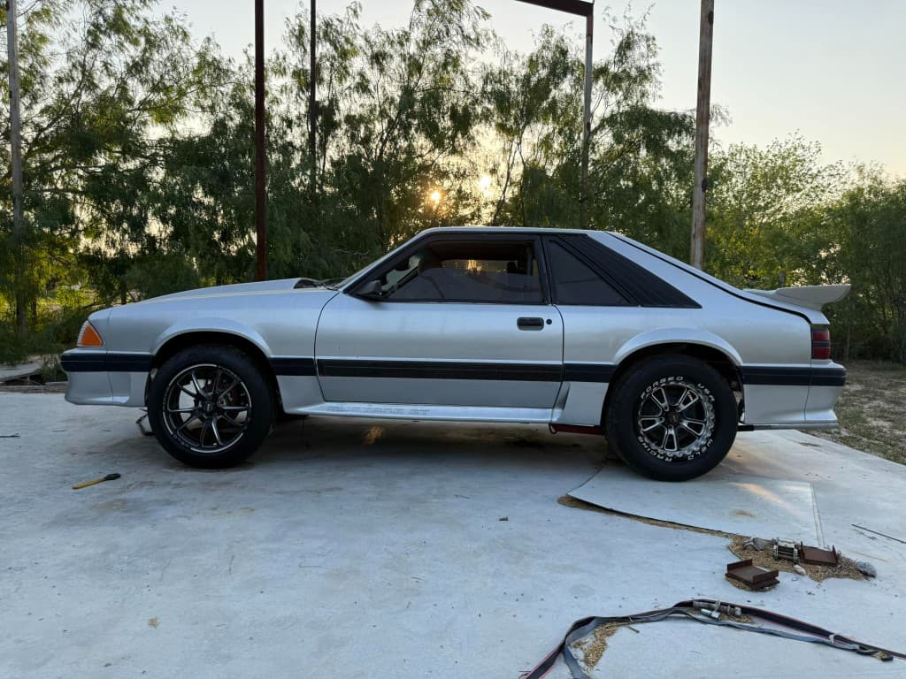 Silver Fox body Mustang GT at sunset