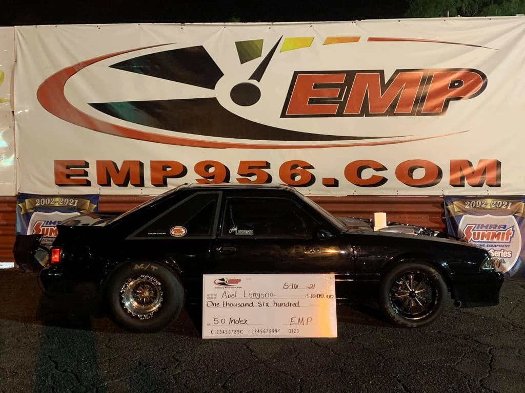 Black Fox body Mustang race winner with $1,600 EMP check